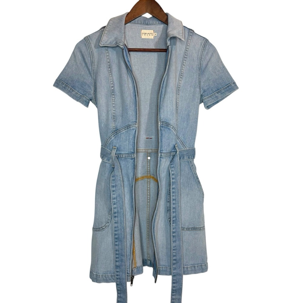 Alice + Olivia Jeans Blue Denim Mini Dress Size 2 Zipper Front Pockets Belted - Picture 9 of 14